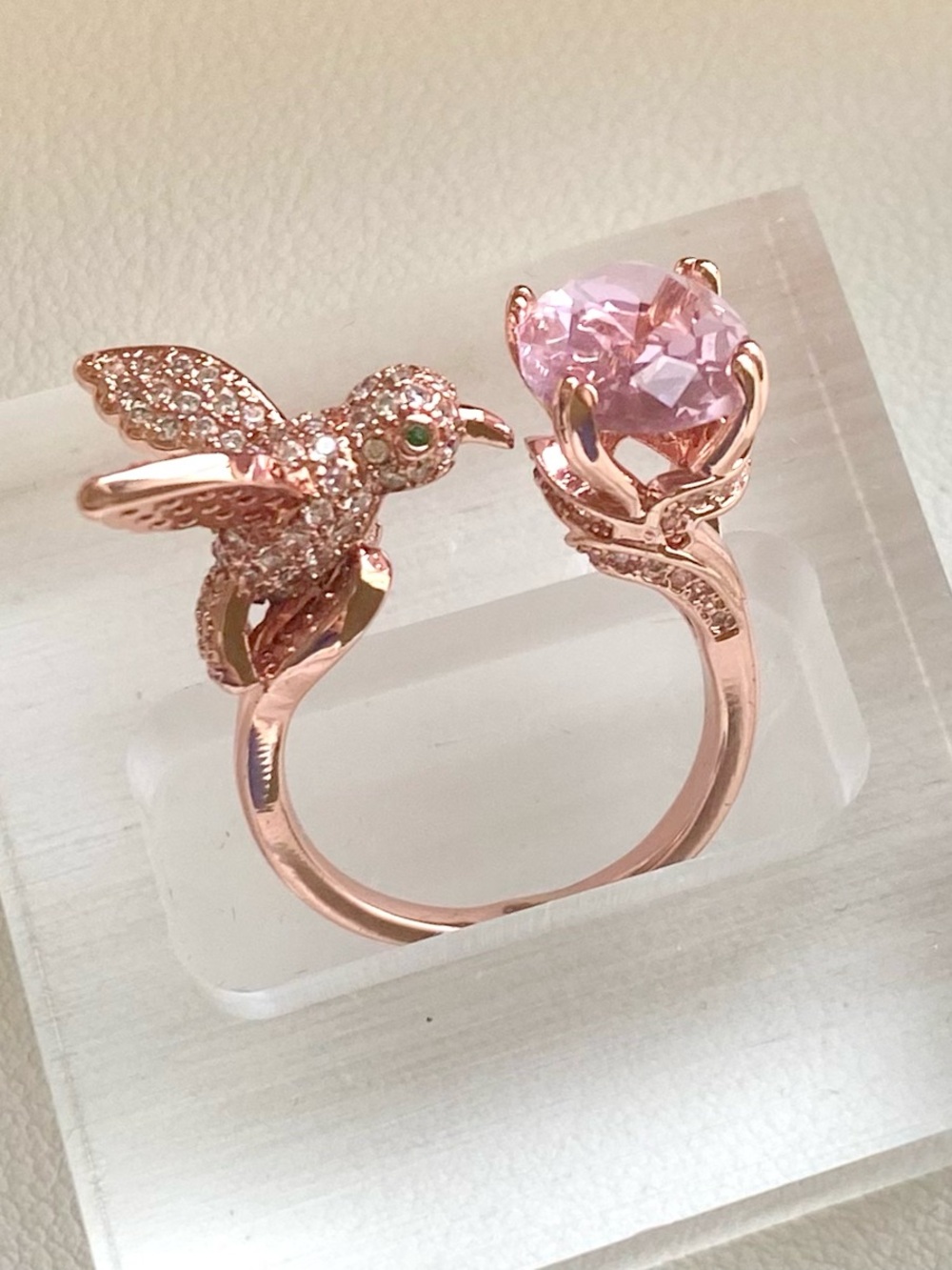 Rose Gold Hummingbird Pink Crystal Ring